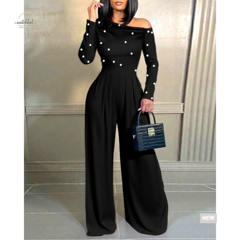 Long Sleeve Jumpsuit with Pearl Decor, Ruched Waist, Regular Fit, Medium - Picture 6 of 7